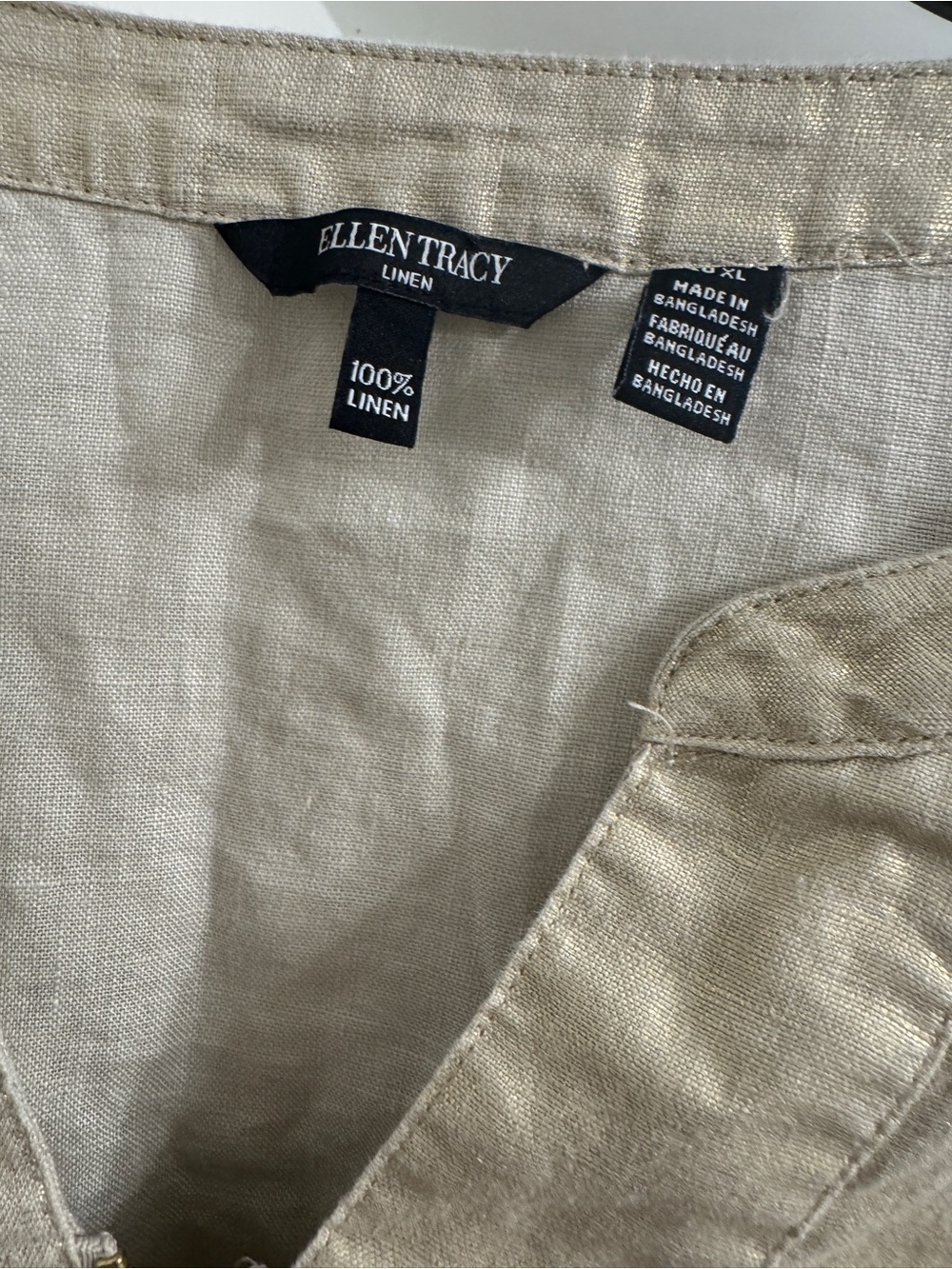 Ellen Tracy Linen Metallic Gold V-Neck Tie-Sleeve Blouse - Picture 4 of 4